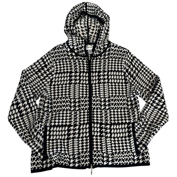 Chicos Silk Blend Hoodie Sweater Size 2 US Large Full Zip Jacket Houndstooth - Picture 1 of 6